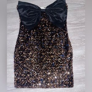 Thirty Thirty Sequin Black and Gold Mini Dress with Bow Medium